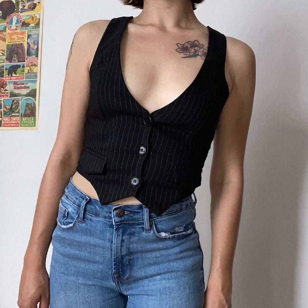 Y2K Black Pin-Stripe Crop Button Vest